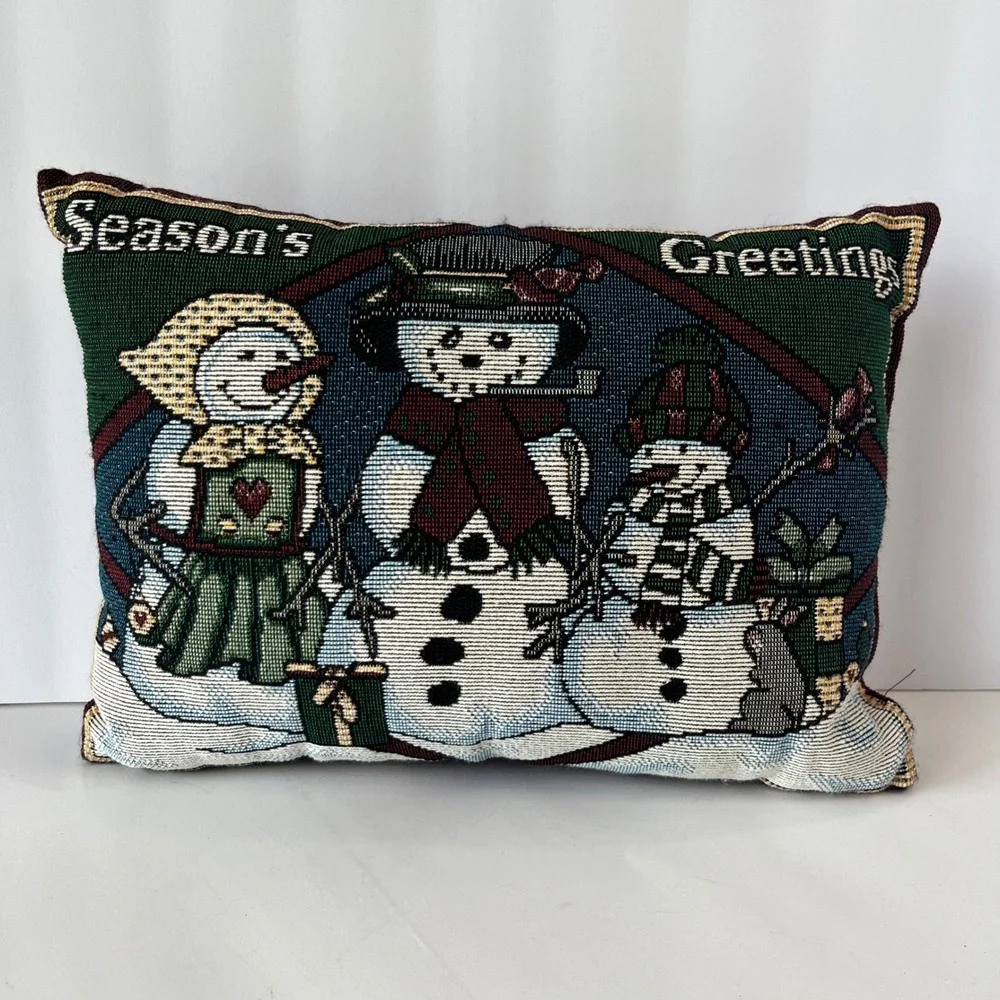 VTG Seasons Greetings Snowman Family Tapestry Throw Pillow Holiday Decor 12x9